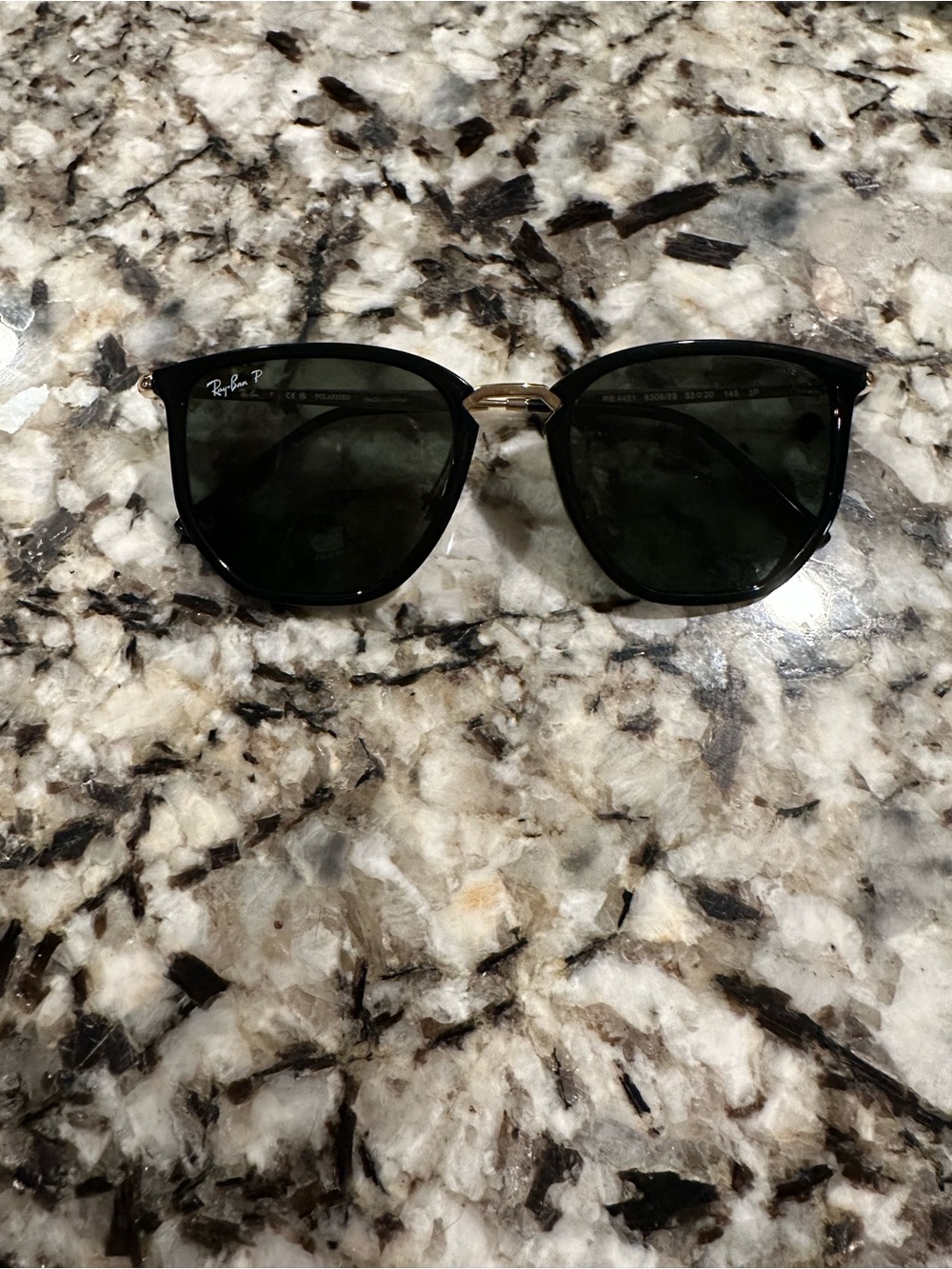 Ray-Ban Black Frame Sunglasses with Dark Green Lenses and Gold Bridge
